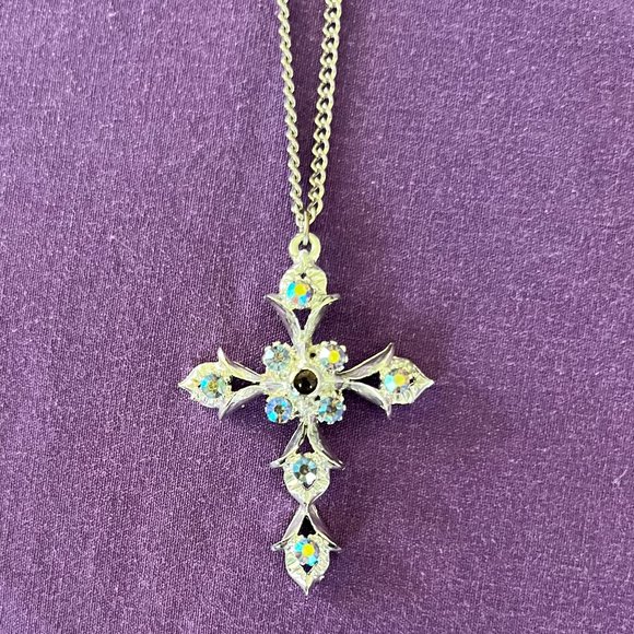 Silver-Tone Necklace w/Iridescent Crystal Cross - Picture 1 of 4
